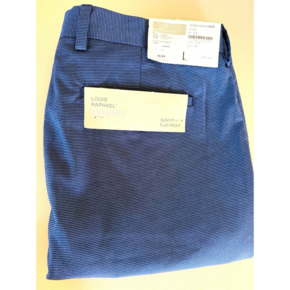 NWT Louis Raphael Men 34x34 Blue Check Twill Slim Flat Front Dress Pants Stretch